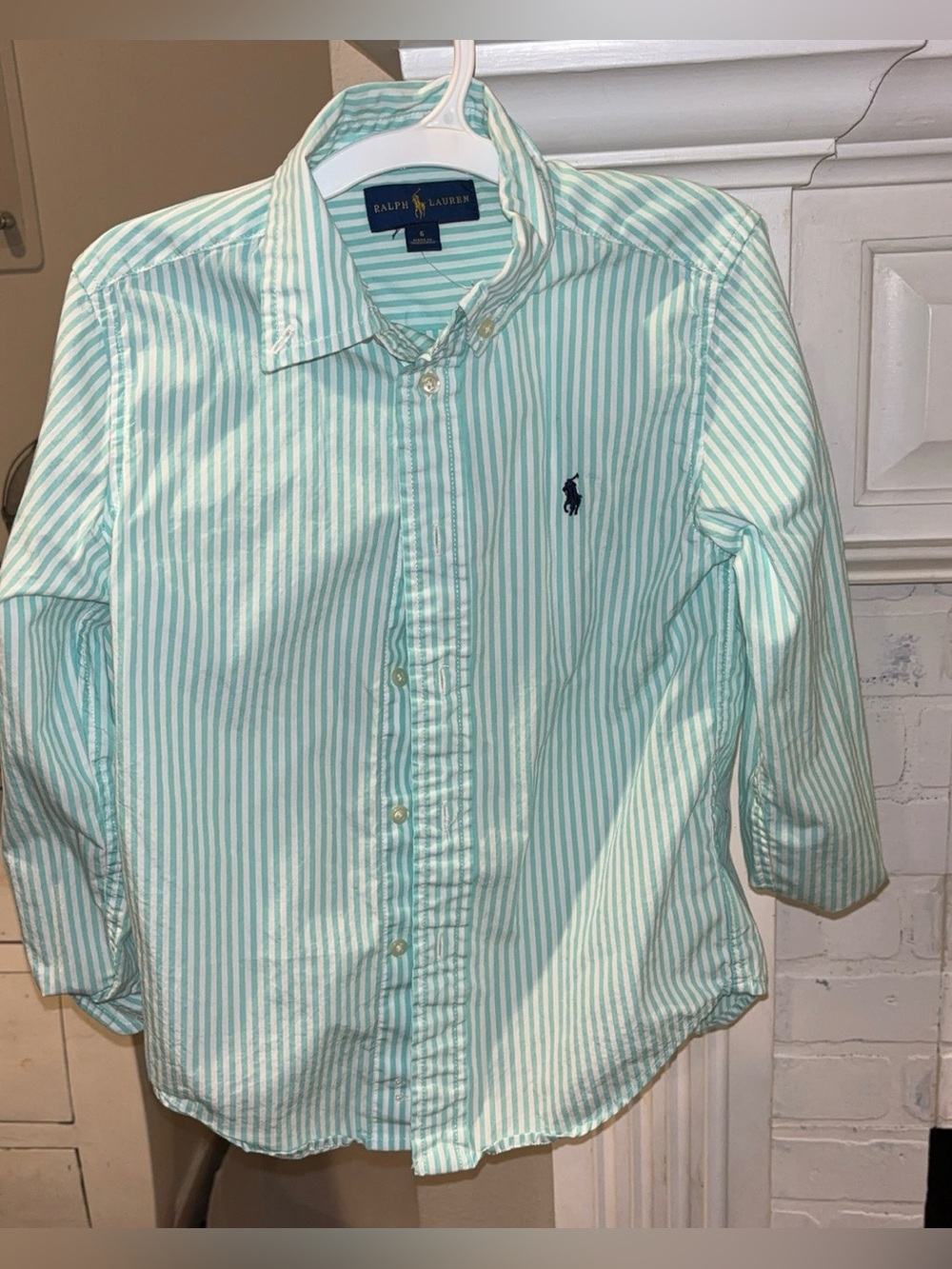 Ralph Lauren Light Mint and White Striped Button-Down Shirt Youth Size 6